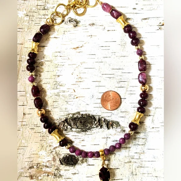 Natural Red Ruby Bead & Pendant With Red Jade Necklace In Gold Plated